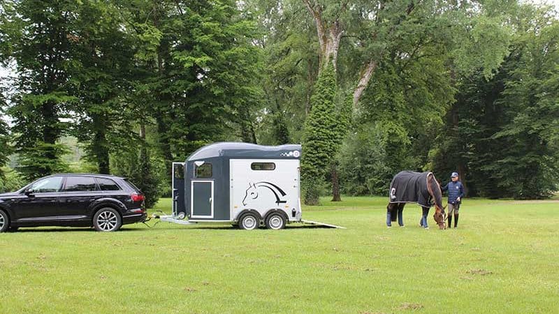 Ein Van, der an ein Auto angehängt ist, auf einer grünen Wiese. Ein Pferd und seine Reiterin grasen nebenan.